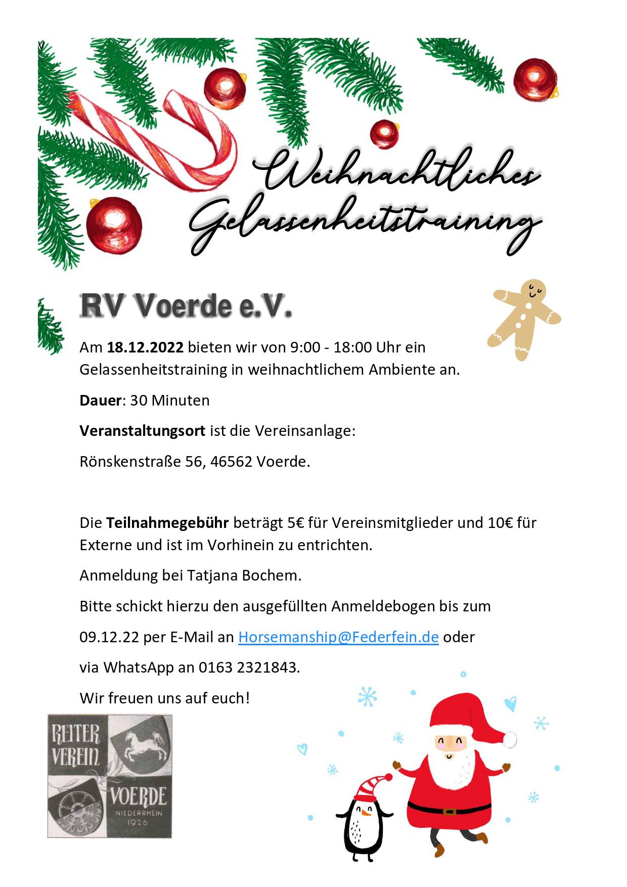 Flyer des weihnachtlichen Gelassenheitstrainings beim Reitverein Voerde e.V.